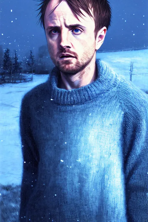Image similar to portrait of jesse pinkman as sapphire herald in an elegant winter sweater, by makoto shinkai, by akihiko yoshida, by zdzislaw beksinski, by dariusz zawadzki, artbook, tone mapped, deep blues, shiny, soft lighting