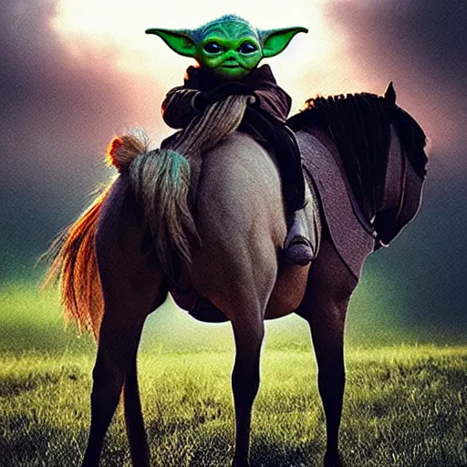 Image similar to “baby yoda riding a marvelous horse, cinematic lighting”