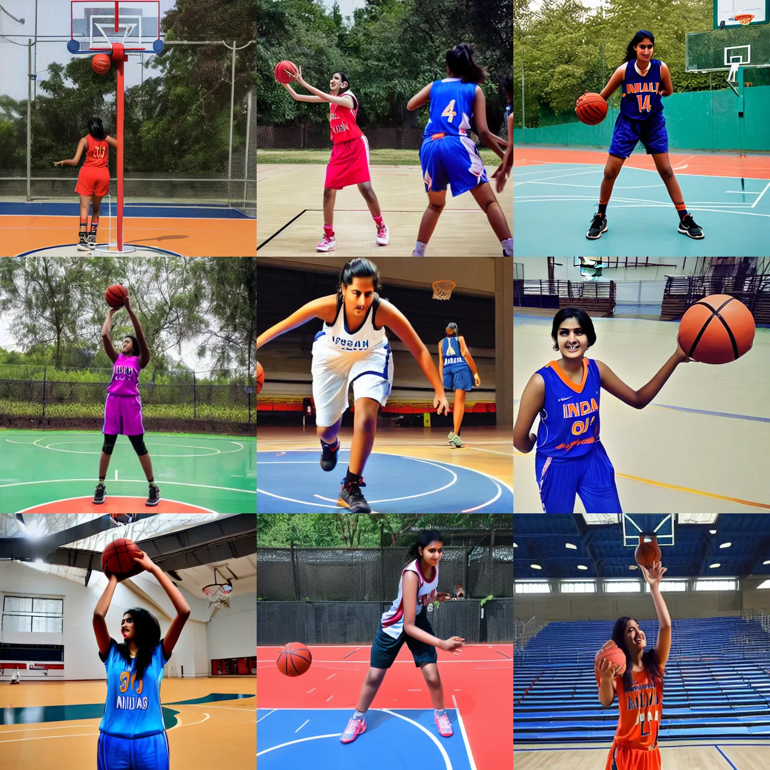 Prompt: A tall young Indian woman basketball player, playing on an inside basketball court