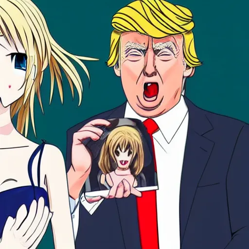 Prompt: Donald Trump eating his anime 2D girlfriend