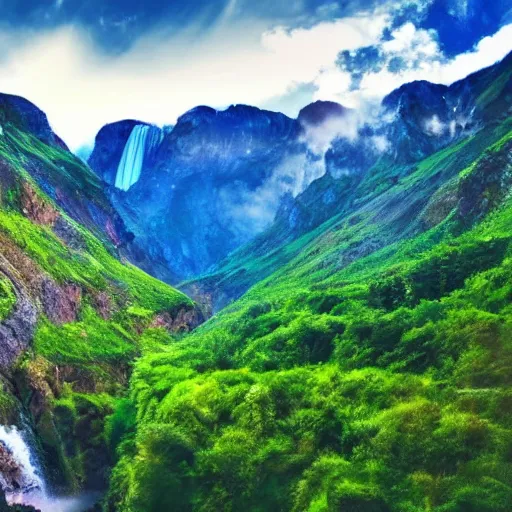 Image similar to beautiful mountain valley, cinegraphic, very very very detailed, waterfall, blue sky