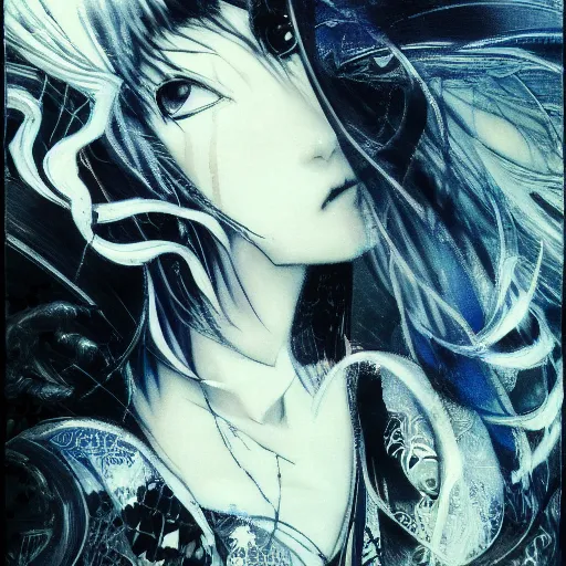 Image similar to yoshitaka amano blurred and dreamy illustration of an anime girl with black eyes, wavy white hair fluttering in the wind wearing elden ring armor and engraving, abstract black and white patterns on the background, noisy film grain effect, highly detailed, renaissance oil painting, weird portrait angle, blurred lost edges, three quarter view, blue and white color palette