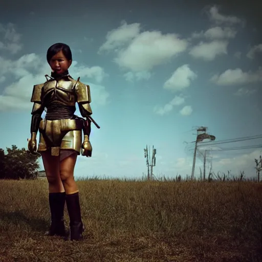 Image similar to A Filipino girl wearing Fallout 3 power armor, portrait, by Diane Arbus