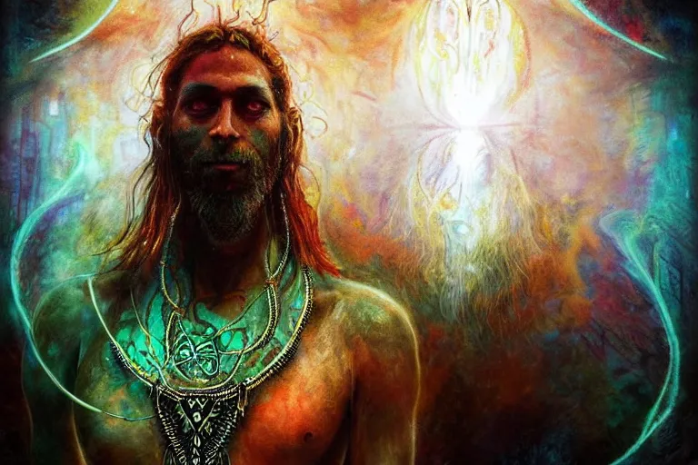 Image similar to psychedelic shaman with trinket necklace, epic angle and pose, reflective pool, symmetrical artwork, ayahuasca, translucent, fungus, energy flows of water and fire, highly detailed, epic cinematic concept art, excellent composition, dystopian brutalist atmosphere, dynamic dramatic lighting, aesthetic, very inspirational, arthouse, Greg Rutkowski, Artgerm