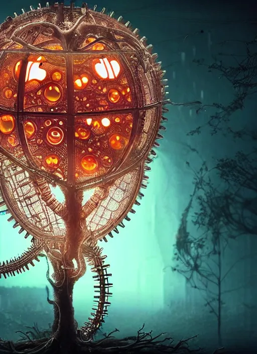 Image similar to intricate mechanical translucent apple with visible gears and components inside, growing off a tree, on the background of a weird magical mechanical forest. Very detailed 8k. Fantasy cyberpunk horror. Sharp. Cinematic post-processing