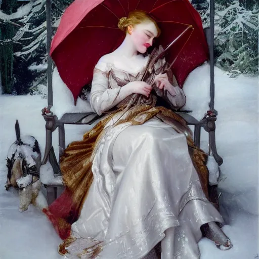 Prompt: Elle Fanning in the snow, by J. C. Leyendecker and Peter Paul Rubens, Extremely detailed. 8K. Award winning.