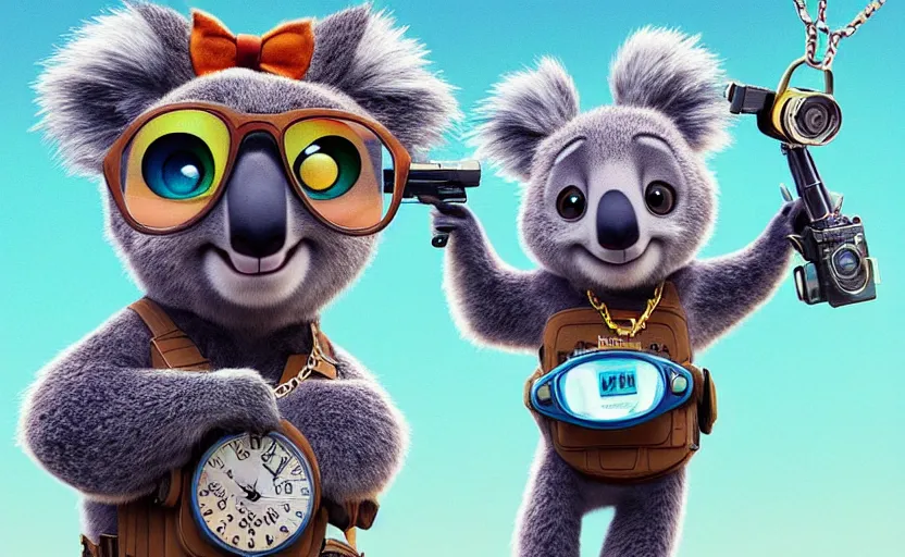 Image similar to “ cute koala with very big eyes, wearing a bandana and chain, holding a laser gun, standing on a desk, digital art, award winning, in the style of the movie zootopia ”