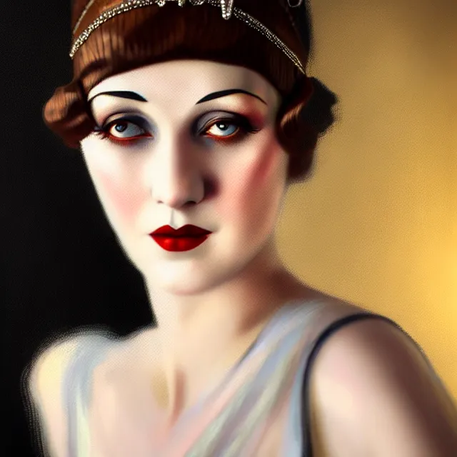 Image similar to 1 9 2 0 s beautiful woman in a flapper photo portrait, atmospheric lighting, painted, intricate, ultra detailed, well composed, best on artstation, cgsociety, epic, stunning, gorgeous, intricate detail, wow, masterpiece