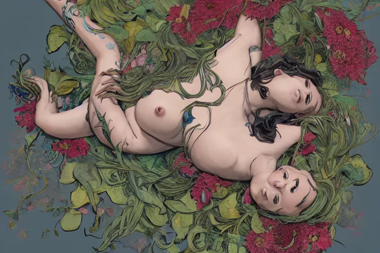 Image similar to top view, beautiful mulatto girl lying inside exotic flower, gorgeous, in the style of Jin Kagetsu, James Jean and wlop, Valentin Serov style, highly detailed, sharp focus, intricate concept art, digital painting, ambient lighting, 4k, artstation trending on Gsociety, trending on ArtstationHQ, trending on deviantart, professionally post-processed, wide-angle action dynamic portraithyperdetailed, hyper quality, 16K