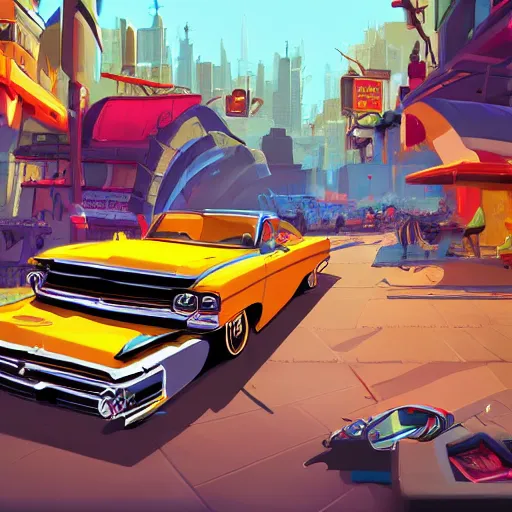 Image similar to swagger! lowrider culture, living large in the city by tyler edlin, editorial, bold colors, detailed, bold colors, incredible lighting, great composition, artstation