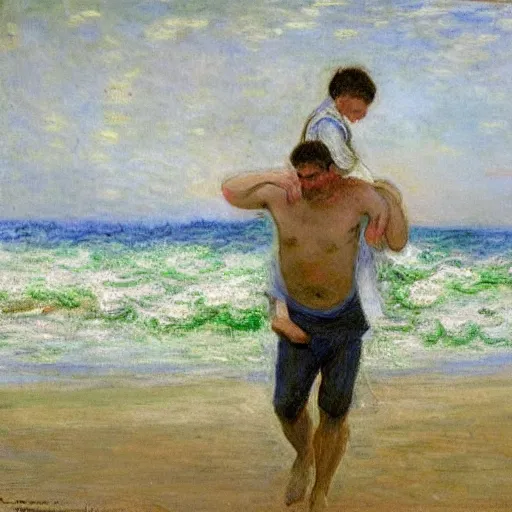 Image similar to a man carrying his child over his shoulders walking near the beach, anatomically correct, painting by monet, masterpiece