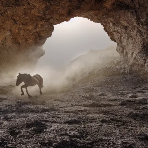 Image similar to stampeding muscular horse emerging out of pyroclastic flow with mist and sun rays. wide angle lens. 4 k