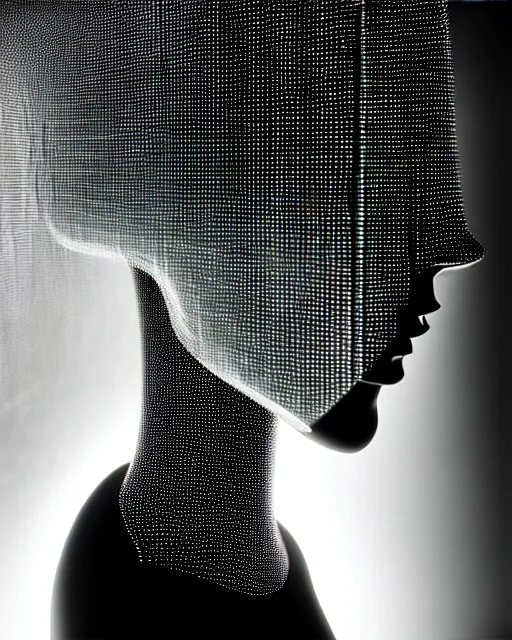 Image similar to black and white high quality photo of a beautiful female AI vegetal-cyborg looking into a sci-fi mirror, volumetric lighting, liminal space, brutalism, foggy, dreamy, shiny, hyperdetailed, bokeh, photorealistic, cinematic, masterpiece, Metropolis, elegant, dark, by Man Ray in the style of Horst P. Horst, octane render, 8K,