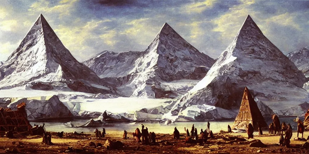 Prompt: Antarctica with pyramids, oil painting, highly detailed, artwork, in style of Albert bierstadt