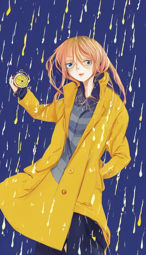 Image similar to girl in a yellow coat standing in the rain holding a small pocket watch, thick outlines, bright colors, digital art, hard edges, detailed, anime style, dynamic pose, character design, fisheye perspective, high angle, art by sora kim, rinotuna, ilya kuvshinov