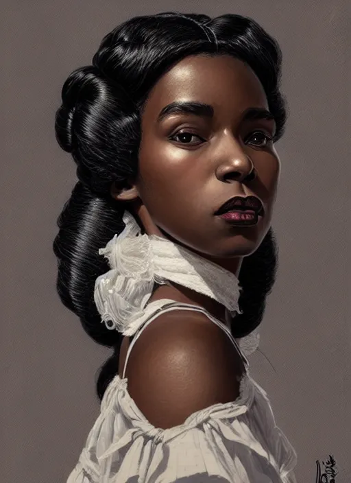 Image similar to a portrait of a young black woman with a crooked nose in victorian clothing, confident pose, intricate, elegant, sharp focus, illustration, highly detailed, concept art, matte, trending on artstation, anime, art by james jean and artgerm and brian despain and alberto mielgo, greg rutkowski, wlop, ilya kuvshinov, strong strokes