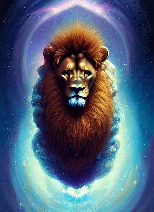 Image similar to symmetry!! leo the lion!!!! highly detailed, high contrast, light reflection, trippy, nebula, trending on art station by artgem, by peter mohrbacher, by wlop, by ruan jia