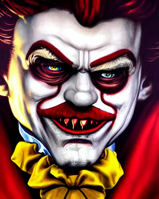 Prompt: dracula ronald mcdonald, character portrait, close up, concept art, intricate details, highly detailed, hyperrealism in the style of otto dix and h. r giger