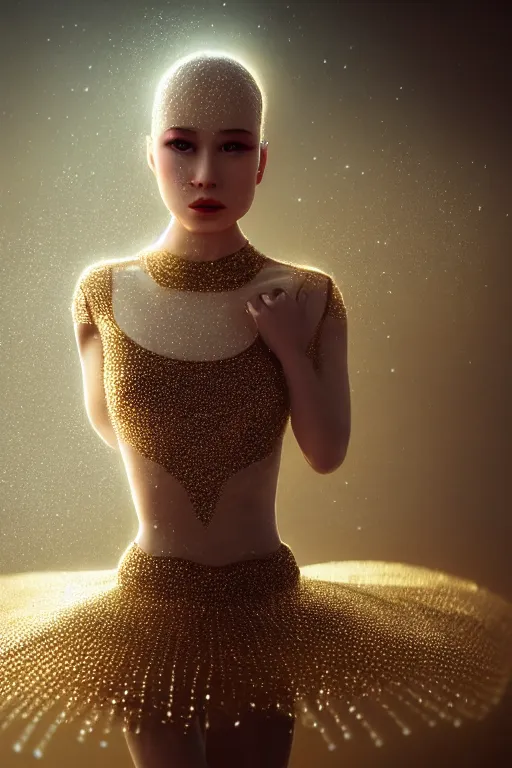 Image similar to pearl skinned ballerina, golden droplets on her face, chessboard pattern clothes, full body picture, crystal eyes, perfect face, atmosphere, glowing, radiant, dancing in the mud, cinematic lighting, high quality, perfect, 8 k high detail, masterpiece, trending on artstation, by ken wong