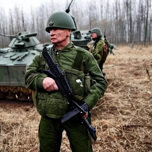 Image similar to Vladimir Putin is fighting at the front against Ukraine epic battle, Retro fantastic style,