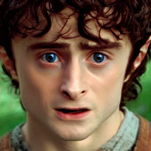 Prompt: Film still of a young Daniel Radcliffe as Frodo in Lord of the Rings: The Return of the King, wide shot, small eyes