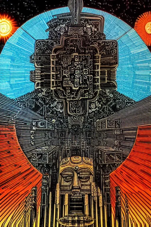 Prompt: a blazing geometric sun above a techno monolithic temple, detailed, 4 k, warm colours, by stanley donwood and philippe druillet,