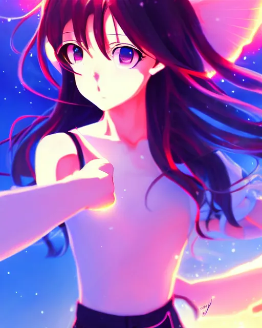 Image similar to anime style, vivid, expressive, full body, 4 k, painting, a cute magical girl with a long wavy black hair, stunning, realistic light and shadow effects, centered, simple background, studio ghibly makoto shinkai yuji yamaguchi