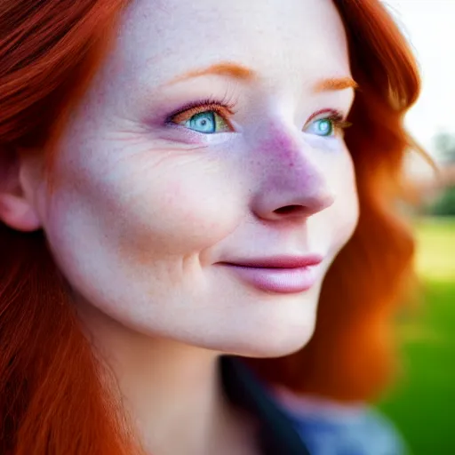 Image similar to close up portrait photo of the left side of the face of a redhead woman with galaxy of stars in her eyes, she looks directly at the camera. Slightly open mouth, face covers half of the frame, with a park visible in the background. 135mm nikon. Intricate. Very detailed 8k. Sharp. Cinematic post-processing. Award winning photography