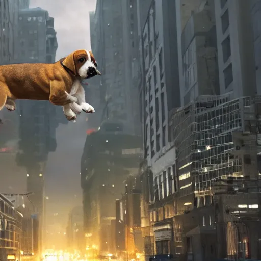 Image similar to gigantic 1 0 0 meters beagle dog attacking a city, epic cinematic, 4 k, very high detail