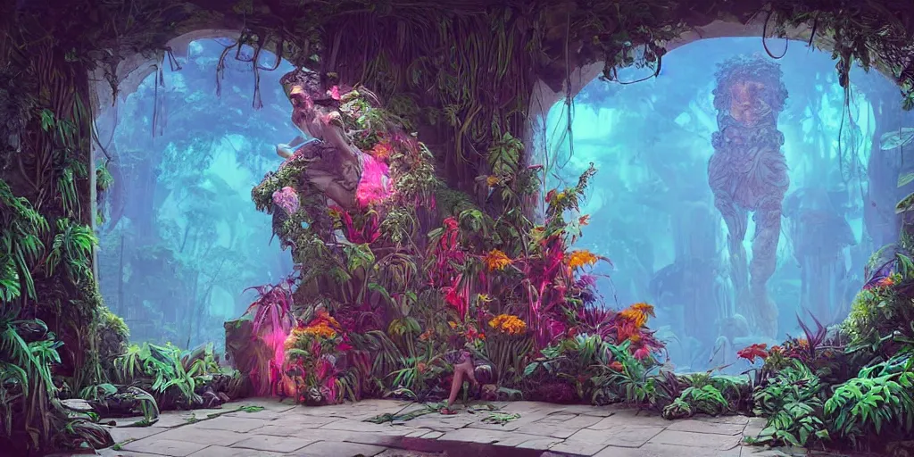 Image similar to Beautiful Ancient Greece Sculpture in jungle with big wild flowers windows, figures, soft neon lights, bright colors, cinematic, cyberpunk, smooth, chrome, lofi, nebula, calming, dramatic, fantasy, by Moebius, by zdzisław beksiński, fantasy LUT, studio ghibli, high contrast, epic composition, sci-fi, dreamlike, surreal, angelic, 8k, unreal engine, hyper realistic, fantasy concept art, XF IQ4, 150MP, 50mm, F1.4, ISO 200, 1/160s, natural light, Adobe Lightroom, photolab, Affinity Photo, PhotoDirector 365