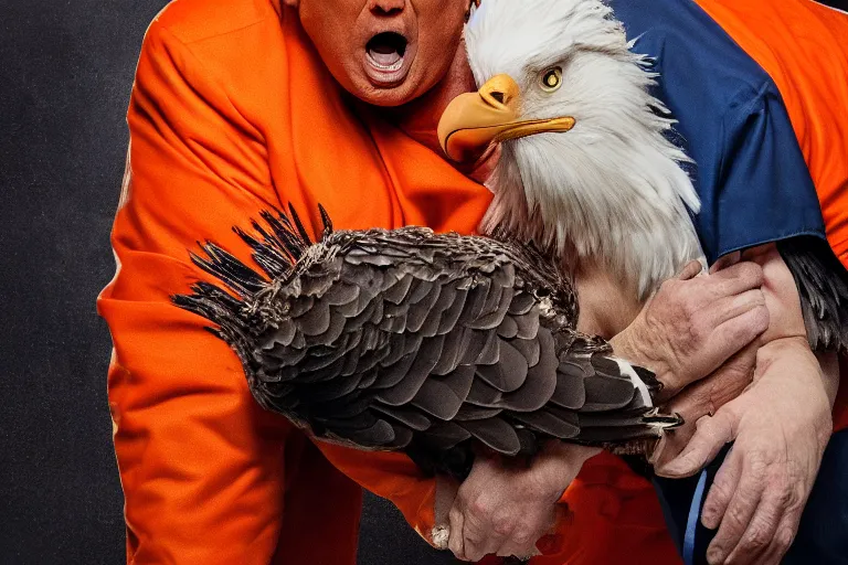 Image similar to Close-up portrait of Donald Trump in jail wearing orange clothes with an American bald eagle attacking him, octane, dramatic lighting, editorial photo, 35mm, very detailed