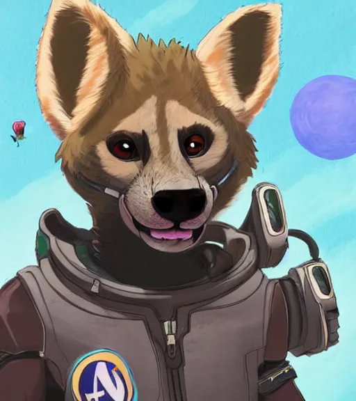 Image similar to full body digital artwork of furry female hyena, in style of zootopia, fursona, furry, furaffinity, deviantart, wearing astronaut outfit, floating in space