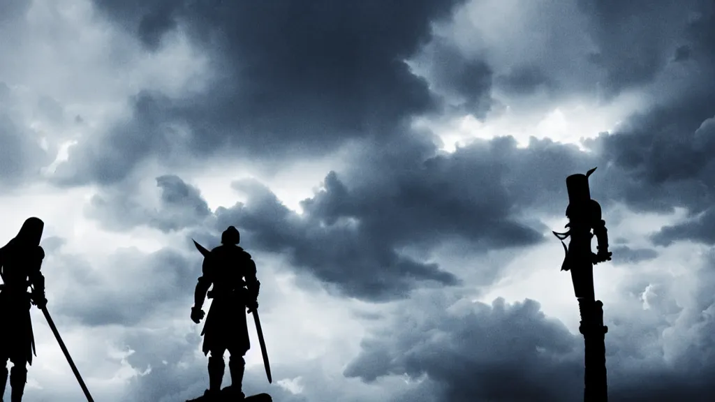 Image similar to low angle two warriors holding swords standing looking up at a villain silhouette thunder lighting storm heavy rain dark clouds