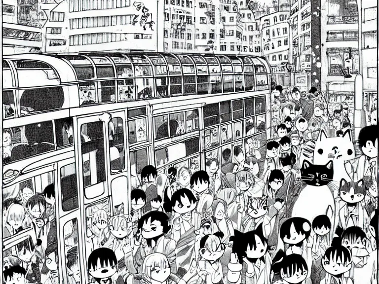 Image similar to Cat used as a bus in a busy city center, people on the bus, crowded, in the style of Manga, Eichiro Oda, hyper detailed