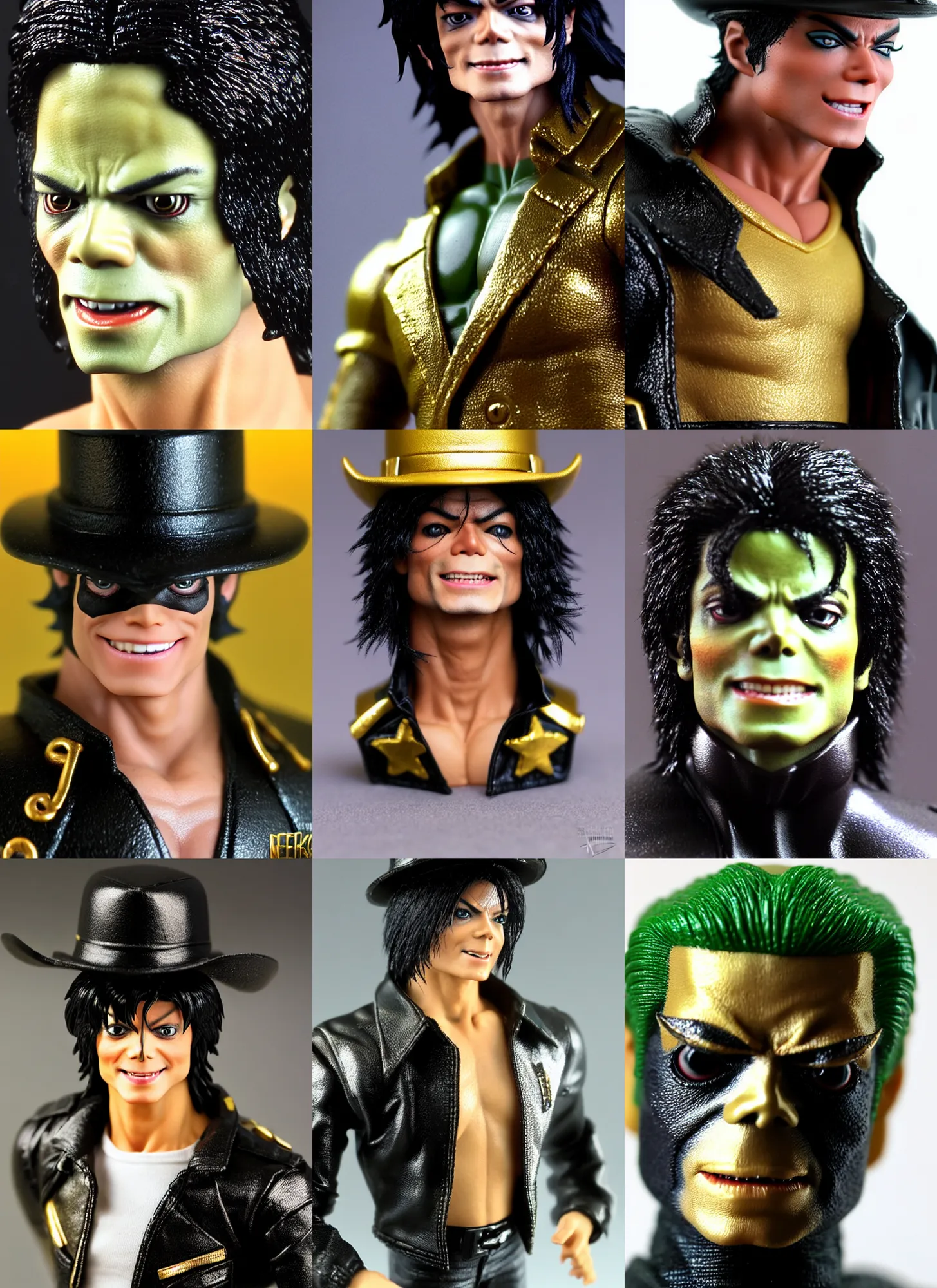 Prompt: macro head shot 8 5 mm of calm michael jackson hulk baby! rockstar dancer with fedora hat by neca!!! cute! pretty! beautiful! shirtless muscular black pants gold shiny black armor jacket very detailed realistic action figure by neca in the style of ryo kusanagi, character from king of fighters, film still, bokehs