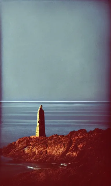 Image similar to lone dark tower in the center of a serene vast ocean, album artwork, album cover,