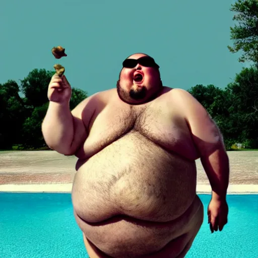 Prompt: a leaked dramatic photo of a fat man holding the worlds largest 4 meter toad. the fat man is wearing a swimsuit, 1 9 9 8 sunglasses and he is screaming