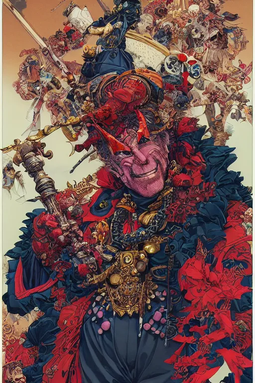 Image similar to joe biden dressed like a midevil jester, by yoichi hatakenaka, masamune shirow, josan gonzales and dan mumford, ayami kojima, takato yamamoto, barclay shaw, karol bak, yukito kishiro, hyperdetailed, trending on artstation