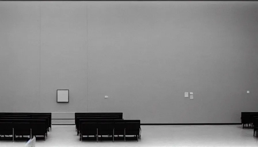 Image similar to 60s movie still of a sovietic stalinist style empty art museum with a soviet congress with yellow wall, ROLLEI SUPERPAN 200, liminal Space style, heavy grain