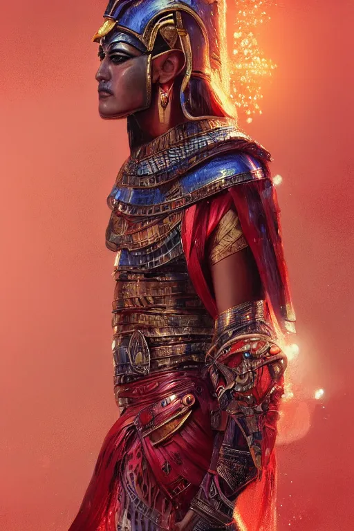 Prompt: egyptian warrior, portrait, fierce, intricate, elegant, red volumetric lighting, digital painting, highly detailed, artstation, sharp focus, illustration, concept art, ruan jia, steve mccurry