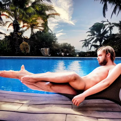 Prompt: pewdiepie lounging in a luxurious pool, detailed, cinematic lighting