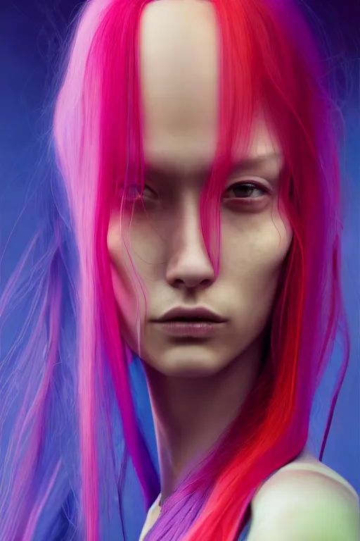 Prompt: a portrait of a beautiful young 28th century super cool post-human female wiht long colorful hair, barely human and largely biomechanical machine, hyper-realistic cyberpunk style, face by Yanjun Cheng, Irakli Nadar, design by Niel Blevins, Takayuki Takeya moody, models by 500px, dramatic cinematic lighting rendered by octane, 8k, detailed, intricate, clean and textures, trending on artstation, deviantart google images, pinterest