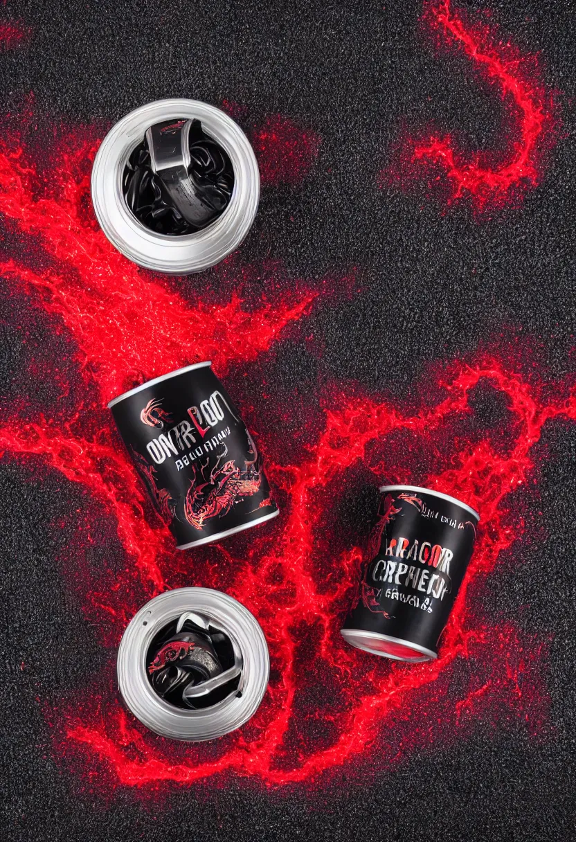 Prompt: one aluminium can of a dragon-flavored energy drink, professional studio photography, black sand and red lava background, packshot