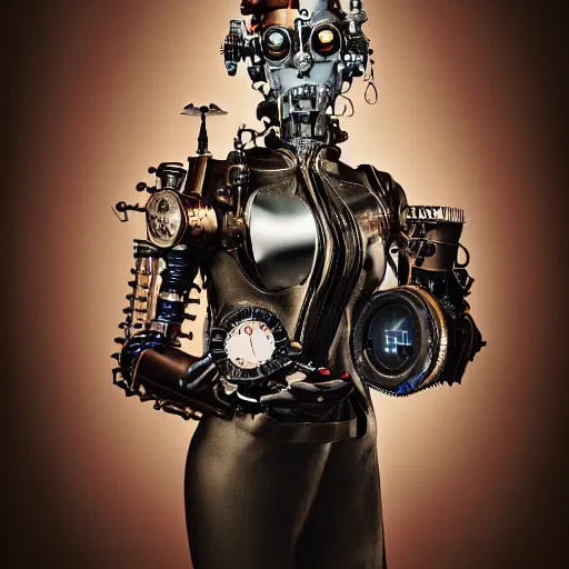 Image similar to a beautiful intricate fine art portrait photo of a mechanical industrial steampunk cybernetic sommelier, by natalie shau and zach sutton, perfection!, studio lighting, 35mm lens, very detailed, ring light in the eyes, bionic, cybernetic scifi, deep depth of field, artstation, 8K, highly coherent