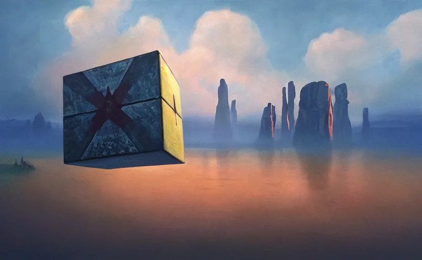 Image similar to hyperrealist painting of an giant cube from independence day ( 1 9 9 6 ) in a flooded monument valley stonehenge. 1 9 7 0 s science fiction, moody, misty, depth perception, 4 k, artstation, in the style of studio ghibli