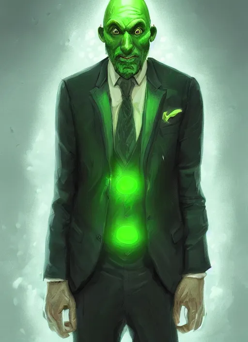 Image similar to a highly detailed illustration of bald old man wearing suit with green glowing eyes, dramatic standing pose, nuclear background, intricate, elegant, highly detailed, centered, digital painting, artstation, concept art, smooth, sharp focus, league of legends concept art, wlop.