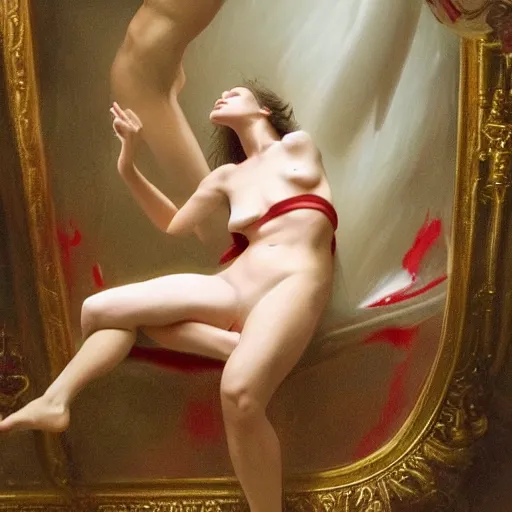 Image similar to an all white emily ratajkowski, full body laying in a blood red pool of water between a golden mirror frame, outside is space at the bohemian grove and inside the mirror frame is a beautiful landscape., physically accurate, dynamic lighting, intricate, elegant, highly detailed, very very roberto ferri, sharp focus, very very unsettling, very terrifying, illustration, art