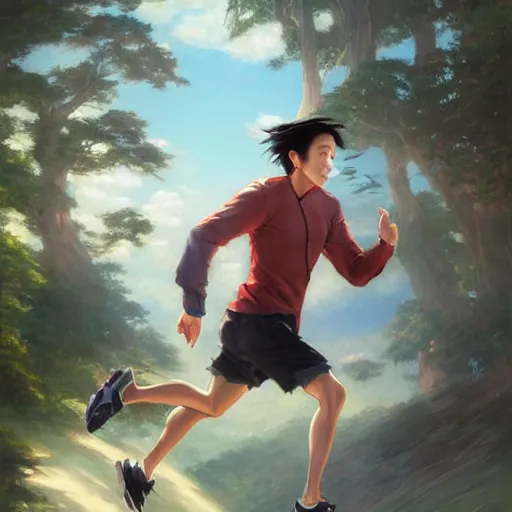 Image similar to portrait of a taiwanese man running, an oil painting by ross tran and thomas kincade, studio ghibli