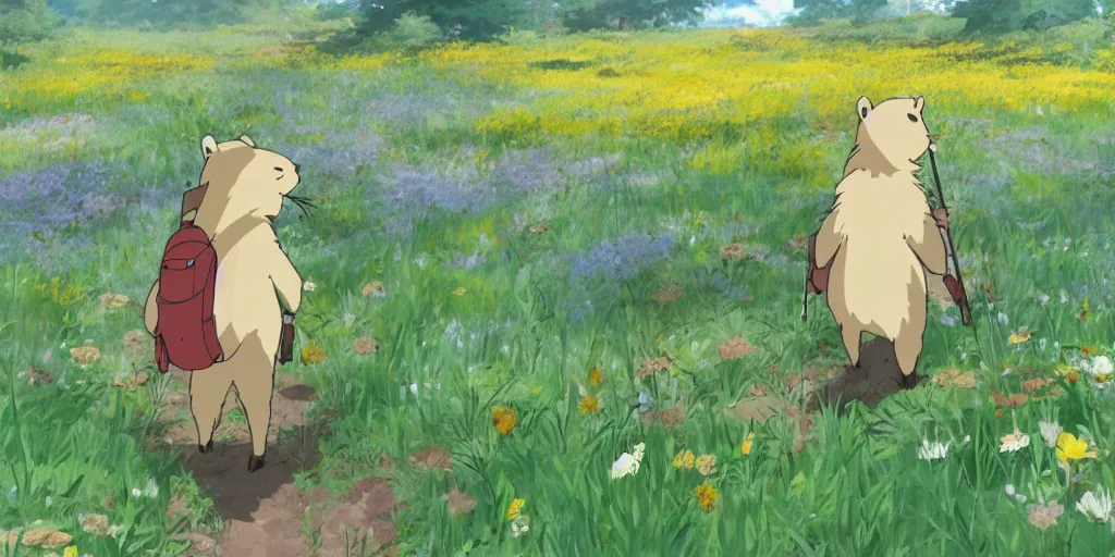 Prompt: A beaver walking upright, wearing a backpack, hiking across a field of wildflowers, art by Studio Ghibli, Chronicles of Narnia, anime