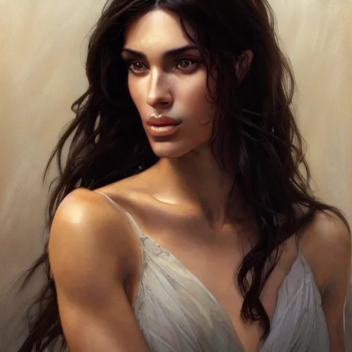 Prompt: Portrait of a Greek Supermodel, olive skin, long dark hair, beautiful bone structure, intricate, elegant, highly detailed, digital painting, artstation, concept art, smooth, sharp focus, illustration, art by artgerm and greg rutkowski and alphonse mucha